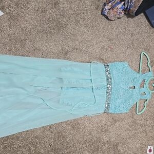 Size 12, Elegant Aqua Lace Gown with Beaded Waist